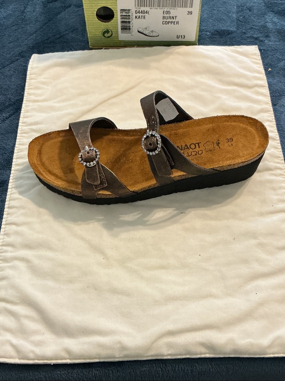 Naot Women’s Two-Strap Sandal in Burnt Copper with Rhinestone Buckles